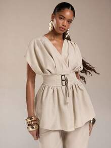 Normani 新款优雅休闲通勤杏色竹纤维针织V领开衫，配腰带和高腰直筒阔腿裤套装 - 杏色 - 查看 4