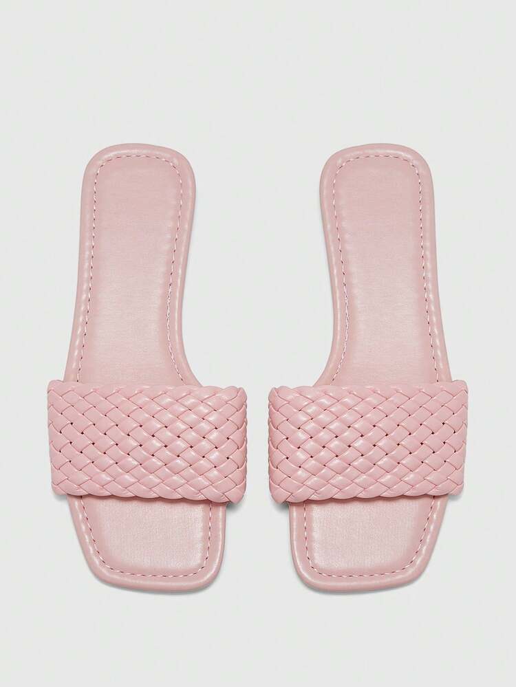 CUCCOO BIZCHIC Women's Woven Open-Toe Flat Sandals Cute Fashion PU Leather Pink Flat Sandals Daily Outdoor Indoor