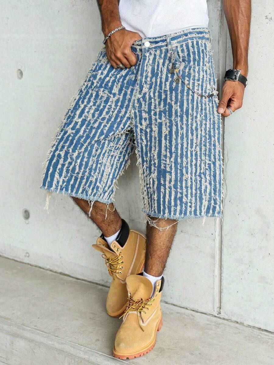 PAVTROS 男士夏季休闲时尚街头度假风毛边宽松牛仔短裤 - 藍色 - 查看 1