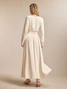 BizChic New Apricot Boat Neck Ruched Waist Pleated Flare Hem Dress, Elegant Urban Commuter Style For Spring/Summer - Khaki - View 6