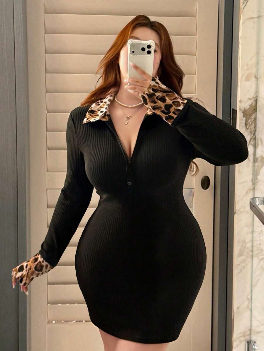 Dazy Plus Stretchy Bodycon Partially Open Front Zipper Splice Leopard Collar Mini Wrap Dress, Black, Spring/Summer Sundress - Black - View 1