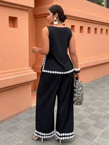 Elegantrix 大码女式撞色滚边无袖开衩连体裤，休闲度假装，时尚街头风，春夏款 - 黑色 - 查看 2