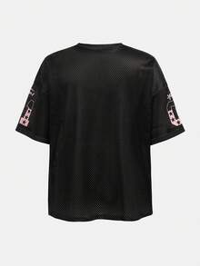 Tween Girls' Fashionable Street Style Loose V-Neck 01 Letter Print Black & Pink T-Shirt Top, Spring/Summer - Black - View 2