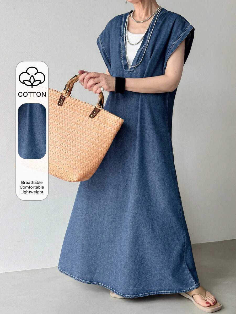 FRIFUL 女士宽松休闲V领蝙蝠袖短袖牛仔连衣裙 夏季 - 藍色 - 查看 1