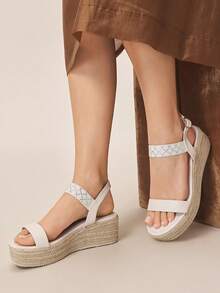Styleloop Women's Fashion Solid Color Woven Casual Platform Wedge Sandals, Rhinestones Decorated Bohemian Vacation Style Vintage French Canvas Slope Heel Platform Ankle Belt Sandals, Western Style, Music Festival Party Clothing, Holiday Atmosphere, Summer Wear, Travel Essentials - White 4 - View 5