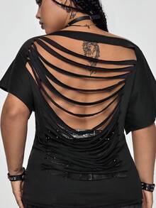 ROMWE Grunge Punk Summer Music Festival Sexy Asymmetric Neck Asymmetrical Ripped Design Loose T-Shirt For Plus Size Women, Reversible - Black - View 4