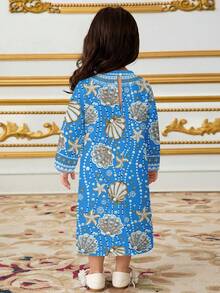 SHEIN Cute & Elegant Ocean Seashell, Star, Pearl Print Pattern Young Girl Casual Dress, Suitable For Spring/Summer - Multicolor - View 2