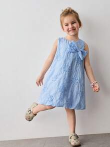 Maija Kids Young Girl Blue Embroidered Bow Decor Round Neck Sleeveless Casual Dress,Kids - Blue - View 1