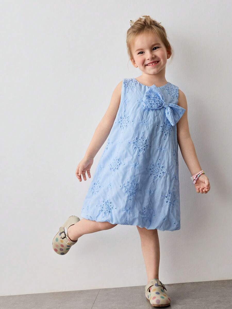 Maija Kids Young Girl Blue Embroidered Bow Decor Round Neck Sleeveless Casual Dress,Kids - Blue - View 1