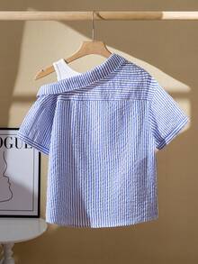 Tween Girls Blue White Stripe Short-Sleeved Shirt,Fake-Two Pieces Summer Casual Style,Elegant And Classy For School Performance,Back-To-School Wear - Blue - View 3