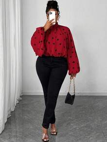 Truni Plus Size Women Elegant Heart Print Stand Collar Lantern Sleeve Ruffle Fashion Blouse, Suitable For Dates, Commuting, Parties, Valentine's Day, Daily Wear Long Sleeve Blouse Curve Blouse Lantern Sleeve Blouse Red Blouse Red And Black Top, For Pear & Triangle Body Shape - Multicolor - View 5
