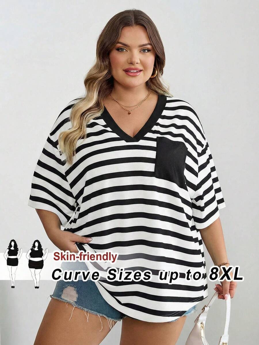 SHEIN CURVE+ Áo thun cỡ lớn Curves Plus Size/Quần áo đi học/Quần áo tựu trường/Áo thun cỡ lớn kẻ sọc dáng casual tối giản phù hợp cho mùa hè, có túi. - Đen và trắng - Xem 1