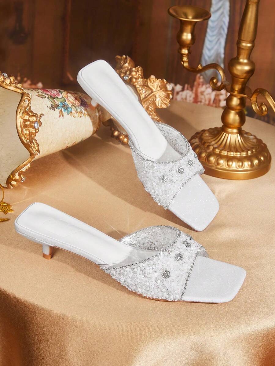 CUCCOO TILAWA Fashionable Square Toe Kitten Heel White Open Toe Transparent Rhinestone Slip-On Sandals, Stylish & Elegant Mid-Heel Dress Sandals For Women - White - View 1