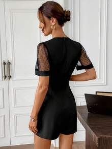 Editum Summer Outfit For Women Elegant Solid Color Patchwork Lapel Sleeve Polka Dot Mesh Waist A-Line Short Sleeve Jumpsuit, Suitable For Business, Commute, Travel, Office, Date, Multi-Occasion Wear, Summer Black Rompers For Women Elegant Women Elegant Outfits Women's Playsuits Summer Work Dresses For Women Women's Dress Formal Wear Chic Outfit Business Casual Women Outfits Rompers For Women Classy Professional Dresses For Women Festival Outfits Work Romper Women Clothes Dress Women's Playsuits Summer - Black - View 3