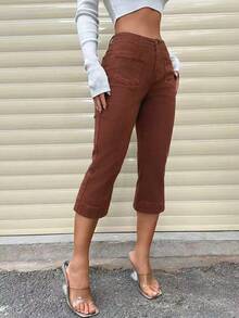 EMERY ROSE Women's Casual Versatile Commuting Denim Capri Pants With Pockets And Buttons - Coffee Brown - View 6