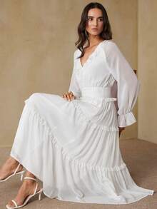 Revavyn Fashionable Layered Ruffle Collar White Bell Sleeve Dress, Palace Style - White - View 1
