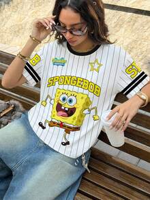 SpongeBob SquarePants | SHEIN Women Cartoon Print Striped Round Neck Short Sleeve T-Shirt - White - View 4