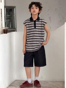 DAZY Áo thun tay ngắn cổ polo kẻ sọc dành cho bé trai tuổi teen - Màu xanh hải quân - Xem 5