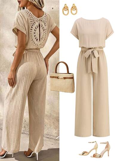 SHEIN Clasi 女士常规腰部褶皱系带蝴蝶结圆领卷边袖短袖阔腿连体裤