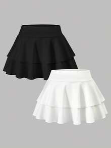 2件套少女休闲百搭日常居家运动瑜伽健身学校服多层修身针织迷你裙，春夏款 - 彩色 - 查看 3