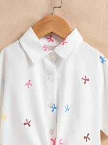 SHEIN 年轻女孩度假海滩休闲百搭刺绣镂空白色宽松短袖衬衫，假日，夏季，旅行 - 白色 - 查看 4