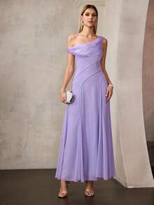 MOTF PREMIUM 女士优雅不对称领口及地正式礼服，肩部至胸部饰有垂褶细节，腰部斜缝装饰，轻盈飘逸的雪纺面料——优雅浪漫的风格，是婚礼（宾客）、盛大晚宴、颁奖典礼、舞会的理想之选。 - 紫丁香色 - 查看 5