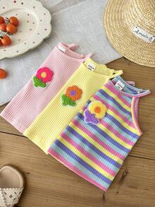 SHEIN LMoss Kids 3件套女婴针织纯色3D立体花卉条纹套头衫套装 - 彩色 - 查看 7