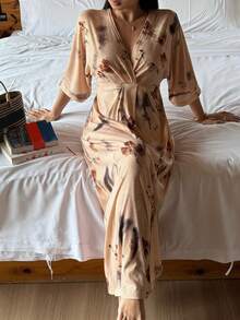 DAZY 扎染印花收腰长款女士睡裙，春夏款 - 杏色 - 查看 4