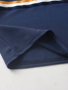 SHEIN Setelan Kemeja Polo Lengan Pendek dan Celana Panjang Motif Garis-garis dan Bordir Kasual untuk Anak Laki-Laki, Cocok untuk Musim Semi, Musim Panas, dan Musim Gugur. - Navy Blue - View 6