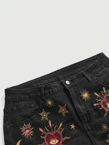 ROMWE Grunge Punk Quần short denim cỡ lớn ống rộng thêu hình ngôi sao và mặt trăng phong cách Y2K. - màu đen - Xem 3