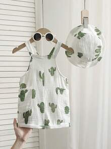 SHEIN Playful Pals 2件組新生男嬰夏季仙人掌&熱帶植物印花白色圍兜短褲與帽子套裝 嬰兒純棉連身褲休閒度假吊帶套裝 - 白色 - 查看 10