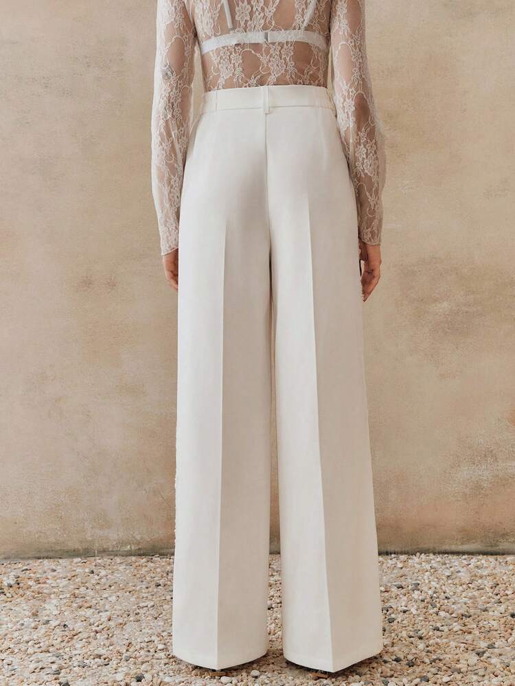 Elegant Party Vintage White Pants With Rhinestone Decoration, 3D Floral Craftsmanship, Slimming, Loose, Chic, Wide-Leg Design For Women