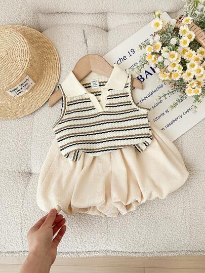 SHEIN Conjunto de top de tirantes con cuello polo a rayas y shorts con volantes de cintura elástica, estilo lindo para bebé niña en verano