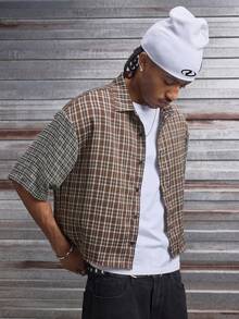 AXEPEAK 男士格子印花拼接前开襟休闲短袖衬衫 - 彩色 - 查看 4