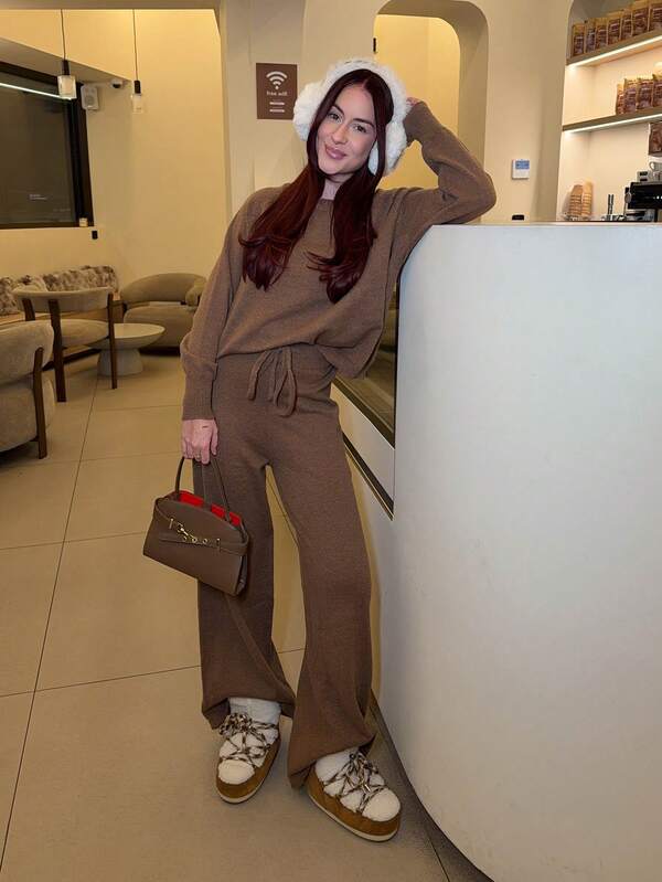 Abrilcols Brown Sweater Fall Women Clothes Old Money Autumn Women's Solid Color Round Neck Raglan Sleeve Long Sleeve Sweater And Drawstring Waist Knit Pants Casual Suit Brown Two Piece Set Comfortable Two Piece Set,