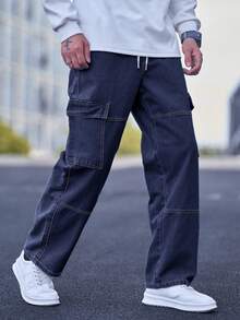 Manfinity Hypemode Loose Fit Men's Top-Stitching Drawstring Waist Cargo Jeans - Dark Wash - View 4