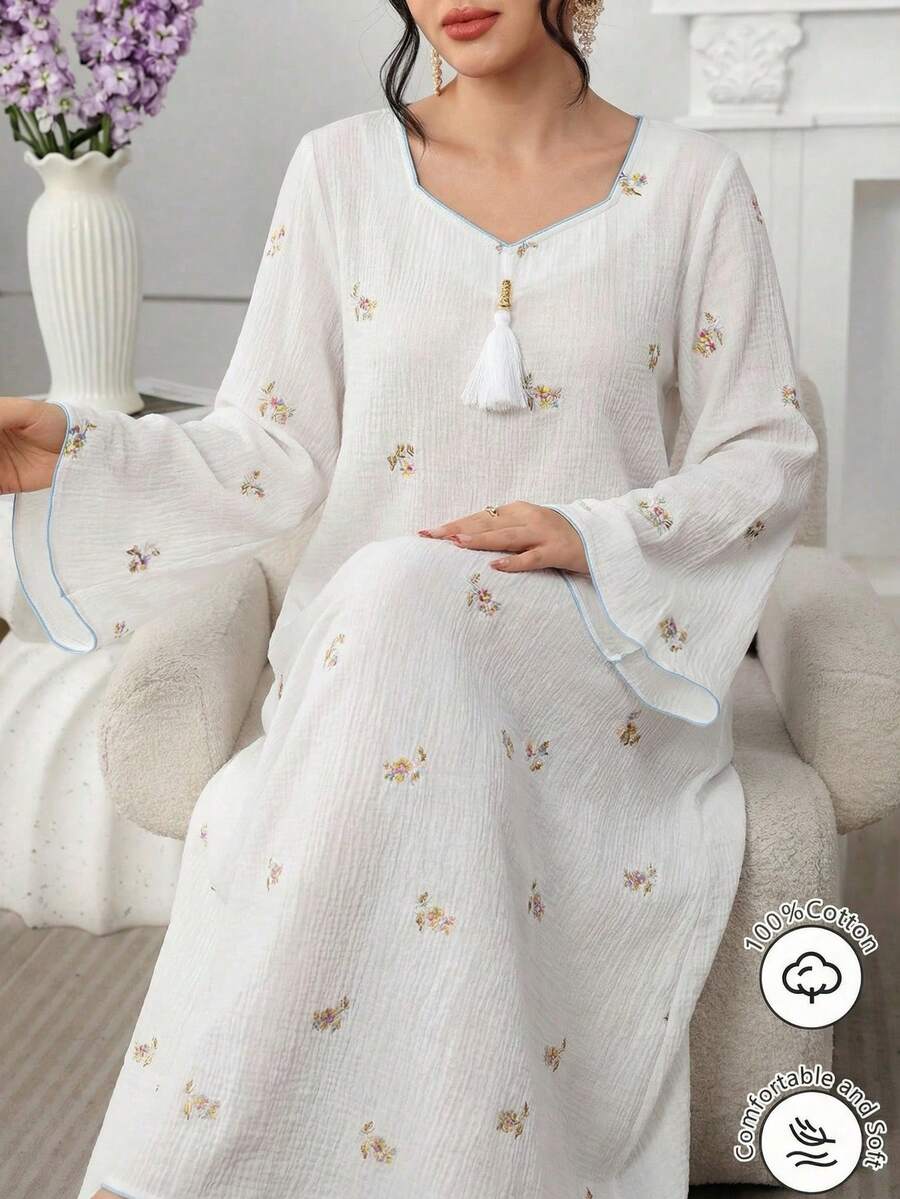 Al Najma Elegantes weißes Kleid mit Herzausschnitt, bunter Stickerei und Glockenärmeln, Frühling/Sommer - Weiss - Übersicht 1