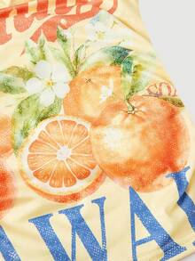 SHEIN MOD 黄色弹力面料抹胸上衣，褶皱设计，无肩带款式，印花文字和水果图案，蕾丝饰边弹力领口，轻盈透气面料，修身剪裁，休闲风格 - 黃色 - 查看 3