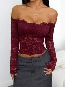 SHEIN PETITE 女士蕾丝性感透视镂空露肩长袖上衣，酒红色，适合圣诞节、万圣节、亡灵节、秋冬季叠穿，红色上衣，圣诞节 - 酒紅色 - 查看 4