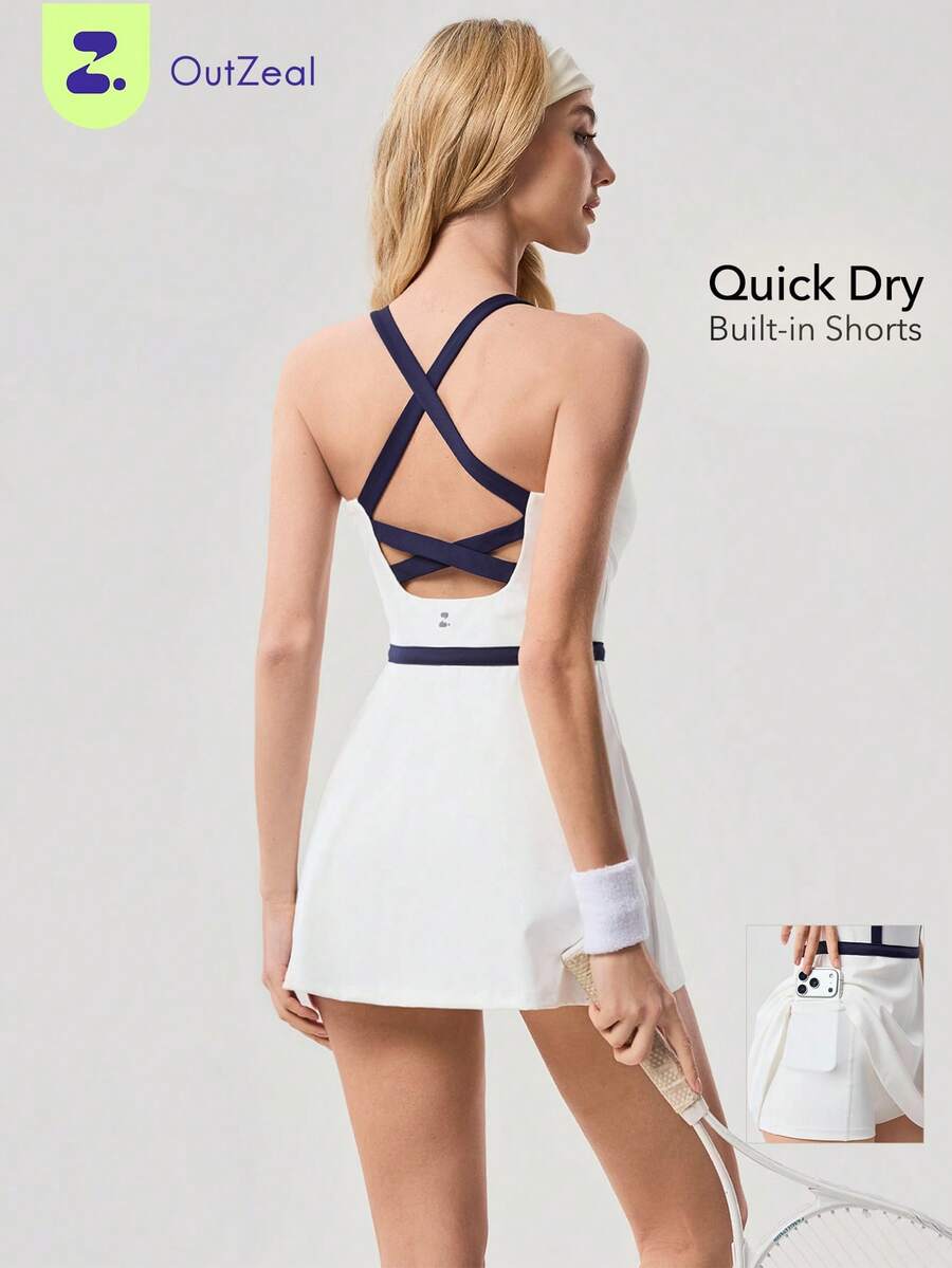 OutZeal Vestido de tenis para mujer, vestido activo para pickleball y golf, de verano y primavera, de secado rápido, con sujetador incorporado, pantalones cortos integrados y diseño de espalda descubierta - Blanco - Ver 1