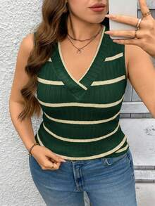 SHEIN LUNE Plus Size Women V-Neck Striped Knit Vest,Summer Outfits For Boho Old Money Spring Break Rave Festival - Dark Green - View 4