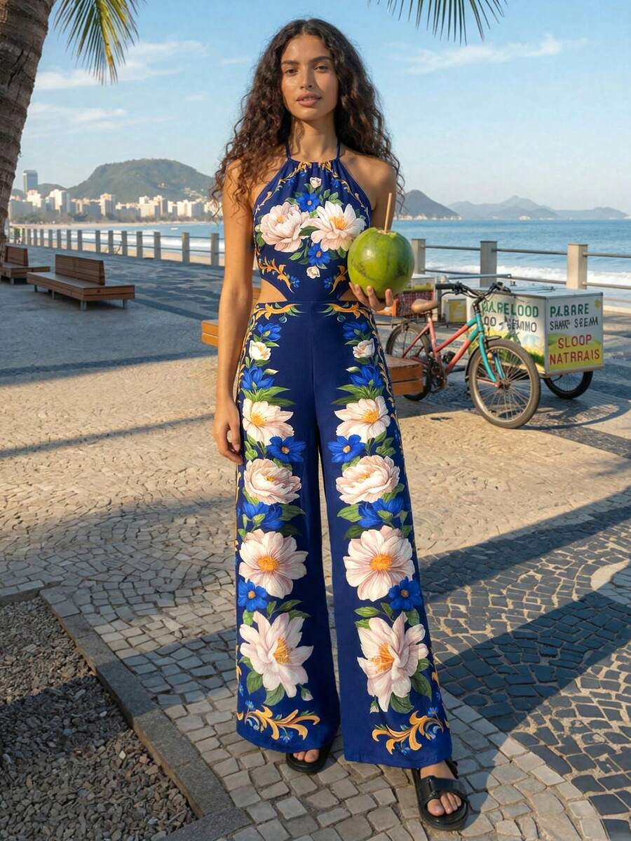 CAJUNI Navy Blue Halter Neck Jumpsuit With Elegant Floral Print Cutout. - Blue - View 1