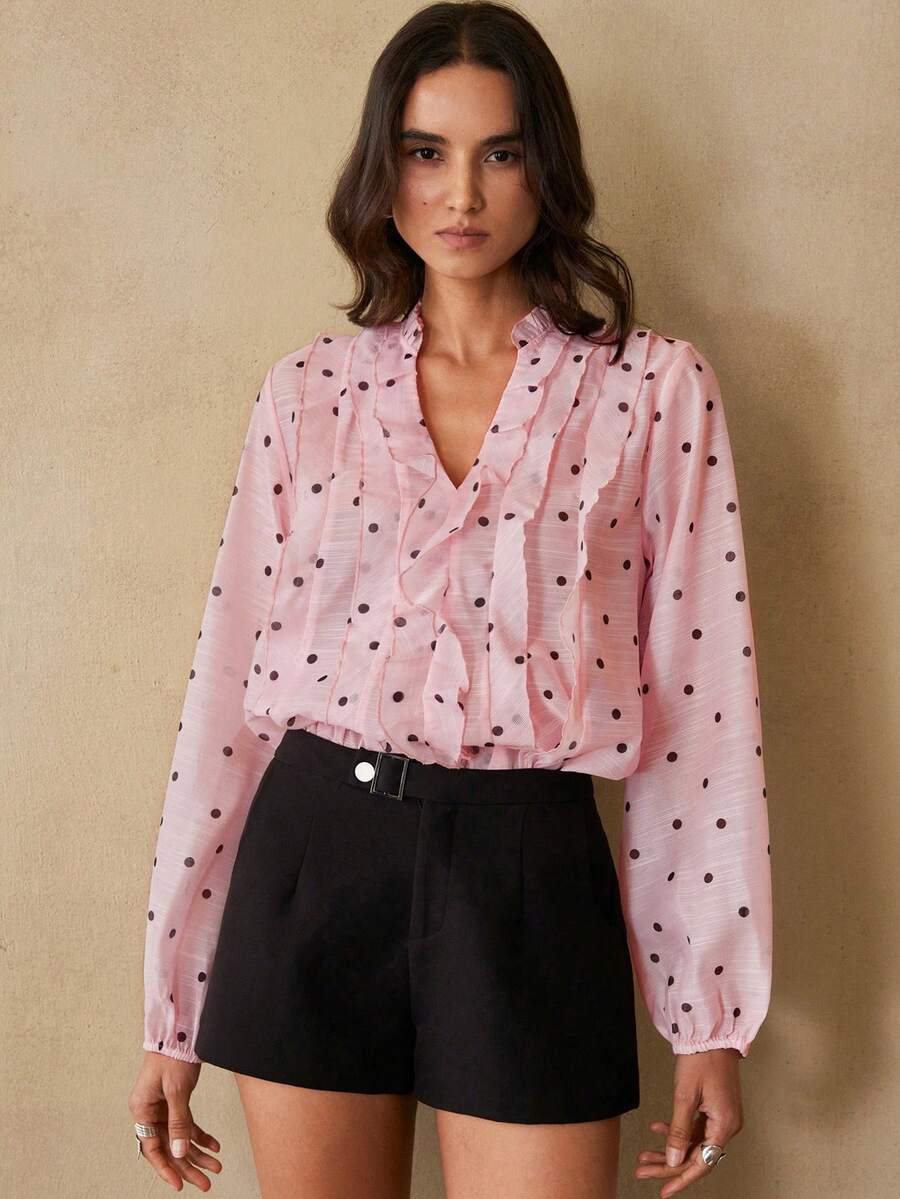 BELROSIE Blusa rosa de manga larga con lunares, con diseño de capas a la moda francesa - Multicolor - Ver 1