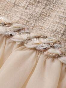 DAZY 春夏网纱荷叶边拼接休闲办公装格纹鸡尾酒会婚礼宾客连衣裙，优雅修身喇叭下摆中长连衣裙，女士吊带裙 - 米色 - 查看 11