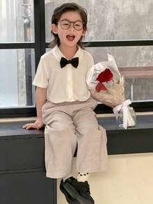 DAZY Young Boy Gentleman Style Short Sleeve Single-Breasted Shirt And Pants Set - White - View 2