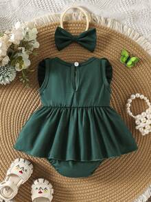 SHEIN Playful Pals 优雅的绿色花卉刺绣夏季女童连衣裙，适合派对和日常穿着 - 綠色 - 查看 3