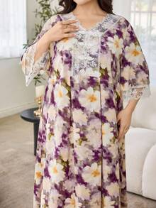 SHEIN Najma 浪漫优雅V领蕾丝边中长款喇叭袖连衣裙，春夏款 - 彩色 - 查看 3