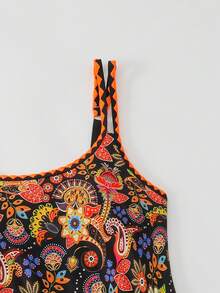 2026Swim Lushoire Ensemble 2 pièces, Top de bikini camisole ample et élégant noir vintage avec motif cachemire contrasté par une bordure orange vif, Bas culotte avec bordure vive. Hauts d'été pour femmes en vacances. Maillot de bain Tankini avec contrôle du ventre, style bohème - Multicolore - Voir 6
