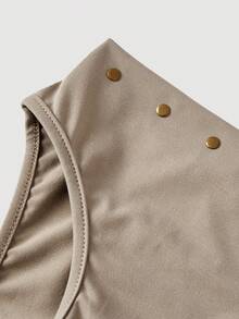 SHEIN MOD 70年代复古女式棕色垂褶领铆钉背心和长裙两件套——复古嬉皮、假日装、波西米亚风、Y2K风、西部风和游牧风 - 卡其色 - 查看 3