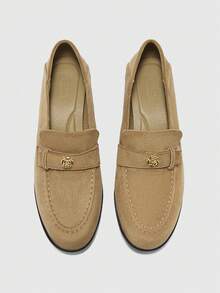 CUCCOO BIZCHIC Retro Small Leather Shoes Round Toe Thick Heel Shoes Women's Camellia Metal Buckle Simple Versatile Loafers Women's Commuting Valentine's Day - Apricot - View 10